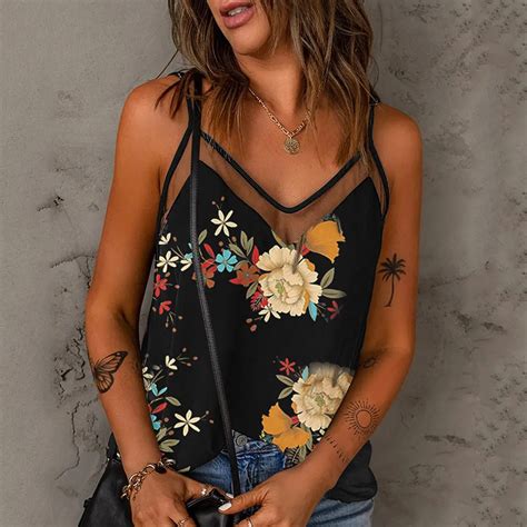 Women Tank Top 2022 Sexy Summer Floral Print Sleeveless Camisole Mesh Stitching Loose Tank Vests