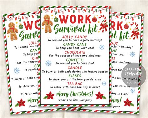 Work Survival Kit Tag Editable Template, Holiday Christmas Survival Ki