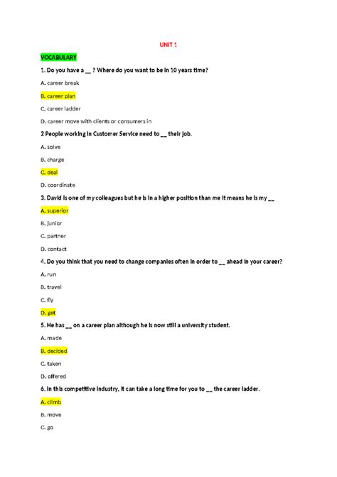 Answers To English 1b Unit 1 2