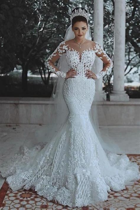 Long Sleeve Lace Wedding Dress Mermaid Beads Lace Appliques Wedding