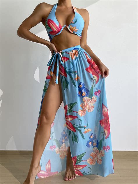 3 piezas Bañador bikini con aro con estampado floral con falda playera