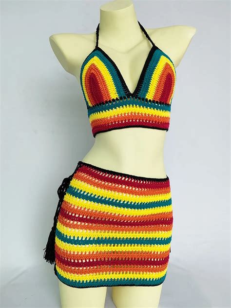 2 Pieces Hollow Out Skirt Bikini Set Striped Swimsuit 100 Handmade Women Swimwear Female 2022