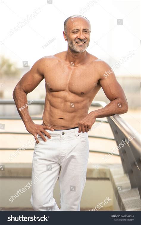 Strong Muscular Shirtless Mature Older Bodybuilding Stock Photo