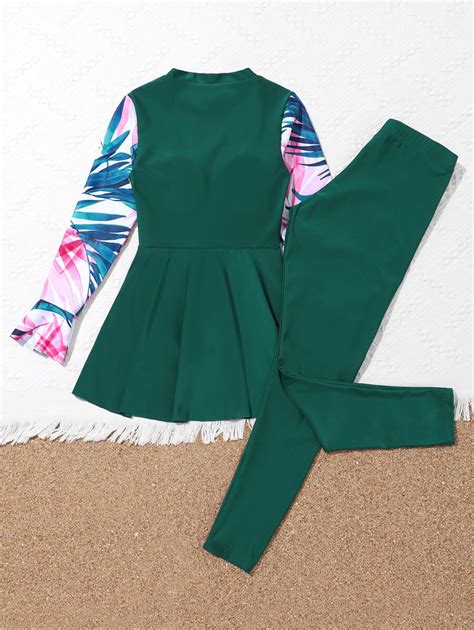 Tween Girl Random Tropical Print Flounce Sleeve Peplum Bikini Swimsuit Shein