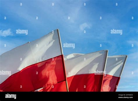 Waving National Flags Of Poland In The Summer Wind Against A Background