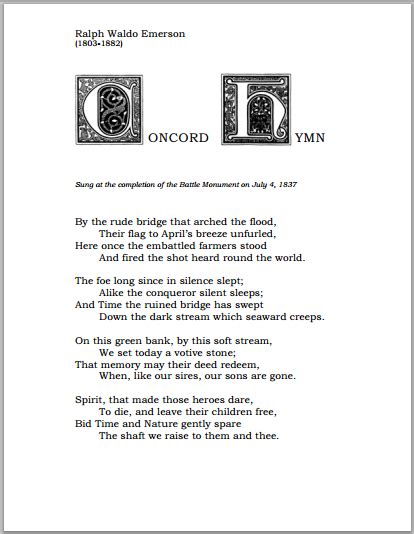 Concord Hymn By Ralph Waldo Emerson Student Handouts