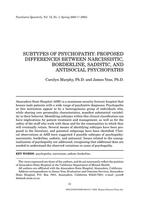 PDF Subtypes Of Psychopathy Proposed Differences Between