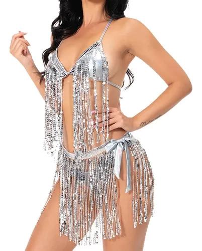 Traje De Baño De Mujer Lentejuelas Borlas Bikini Halter Envío gratis