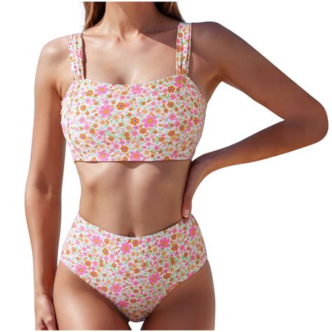 High Waisted Bikini For Women Tummy Control Bottoms Push Up Crop Top Swimwear 2 Piece Floral