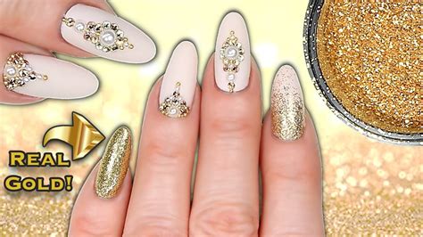 Real Ct Gold Nails Luxe Matte Nude Gold Glitter Crystal Pearl Nail Art Youtube