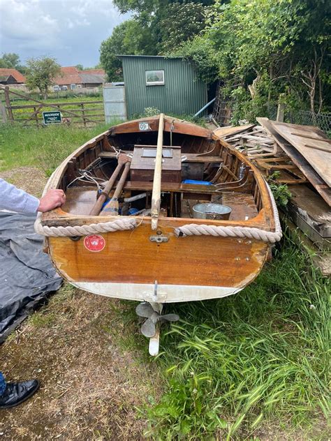 Old Small Inboard Engine Wooden Boat In Staines Upon Thames Surrey