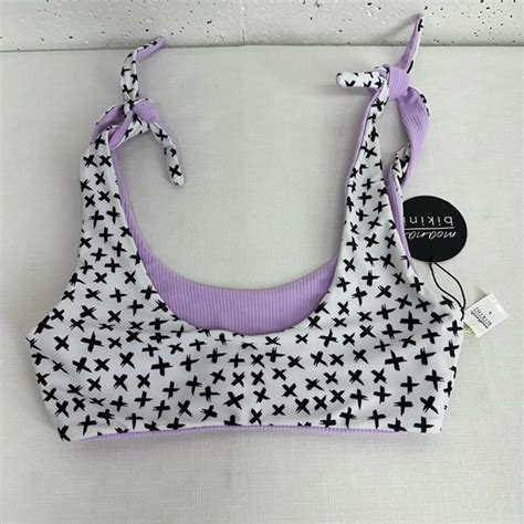 Moana Bikini Swim Moana Size Large Reversible Ribbed Lilac Black White Print Bikini Top New