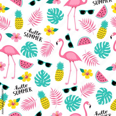 Summer Seamless Cute Colorful Pattern With Flamingo Pineapple