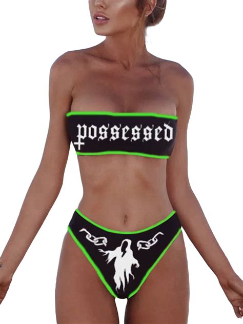 Nokiwiqis Women Two Piece Swimsuit Set Devil Print Strapless Padded Push Up Bikini Bra With