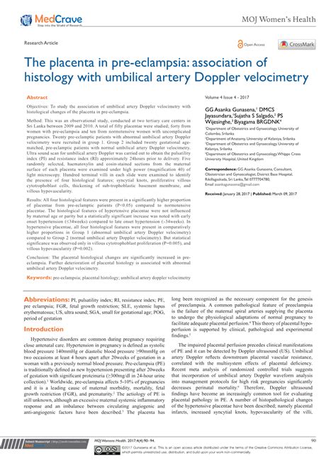 The Placenta in Pre-Eclampsia: Association of Histology with Umbilical Artery Doppler ...