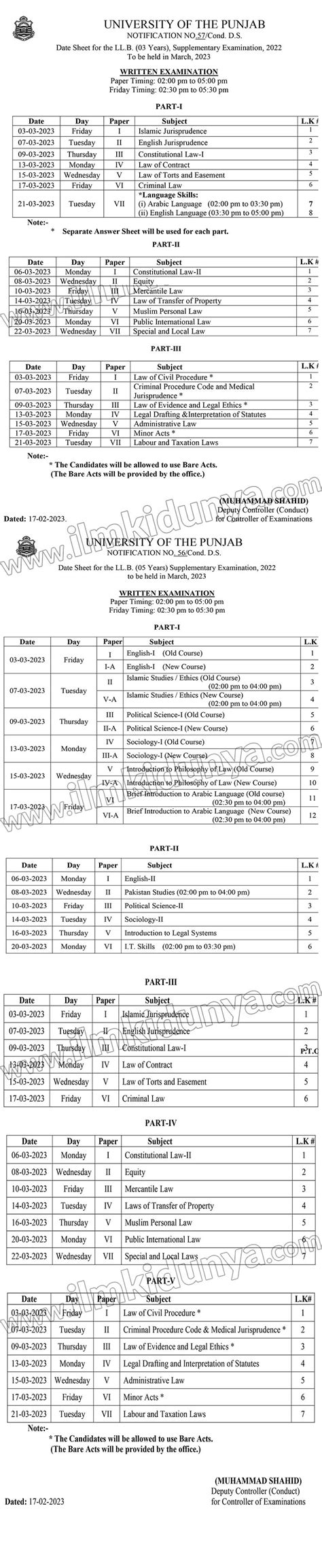 Punjab University LLB Date Sheet 2025 PU Lahore LLB Date Sheet 2025