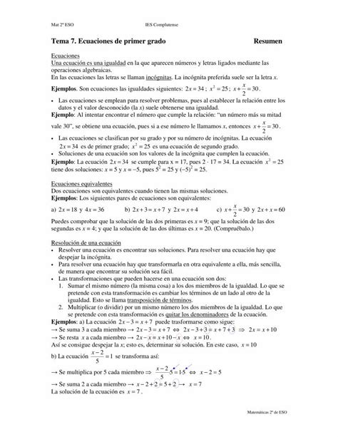 PDF Tema 7 Ecuaciones de primer grado Resumen IES Matemáticas