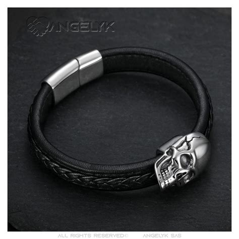 Bracelet biker Tête de mort Cuir véritable Acier inoxydable