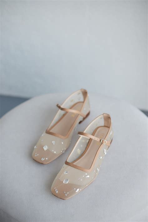 Nude Mesh Flat Mary Janes With Crystals Embroidery And Square Closed