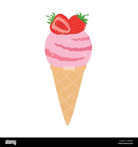 Strawberry Ice Cream In A Waffle Cone Vector Illustration On White