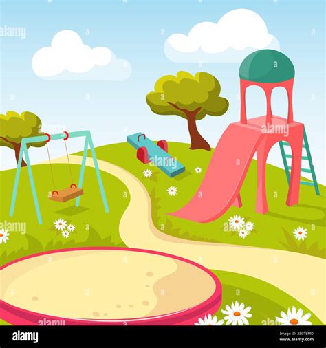 Recreation Children Park With Play Equipment Vector Illustration