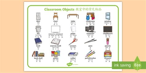 Classroom Objects Word Mat English Mandarin Chinese Pinyin Classroom