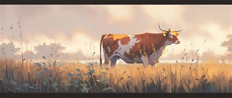 Premium Photo | Painting of a cow standing in a field of tall grass