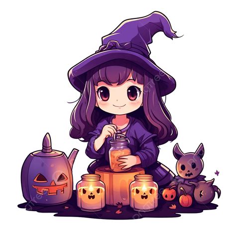 Cute Vector Kawaii Witch Making Potion In Halloween Night Illustration