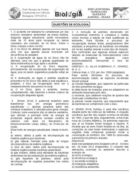 Questões Ecologia ENEM | Download grátis PDF | Ecologia | Ambiente natural