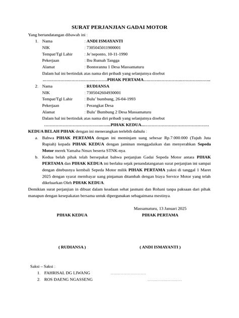 Surat Perjanjian Gadai Motor | PDF