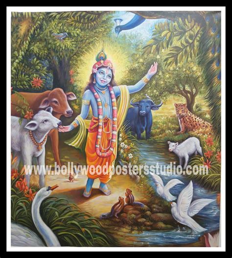Oil on canvas krishna & gau mata painting - Oil Canvas portrait
