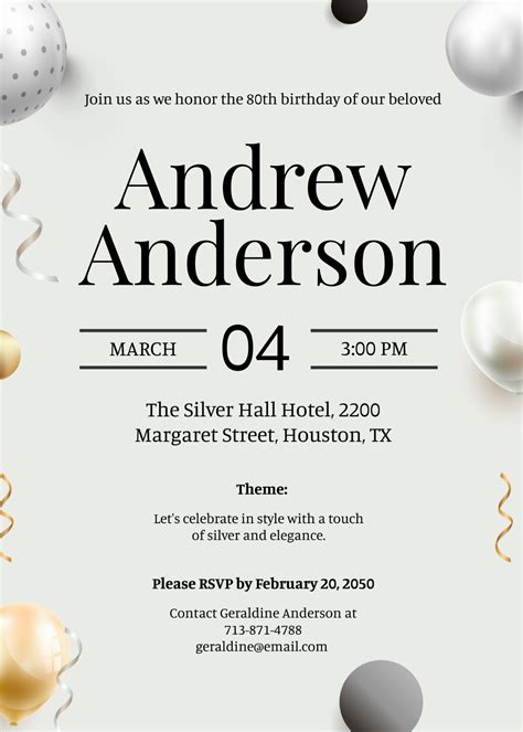 Free Silver 80th Birthday Invitation Template Edit Online And Download