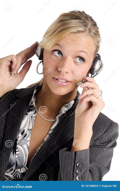 Aantrekkelijke Blonde Onderneemster Met Hoofdtelefoon Stock Afbeelding Image Of Jong Haring