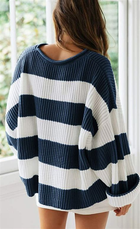 Zesica Women S Long Sleeve Crew Neck Striped Color Block Comfy Loose