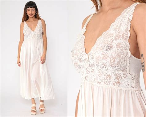 White Lingerie Nightgown 80s Sheer Lace Slip Dress Bridal Nightie Maxi V Neck Vintage Boho