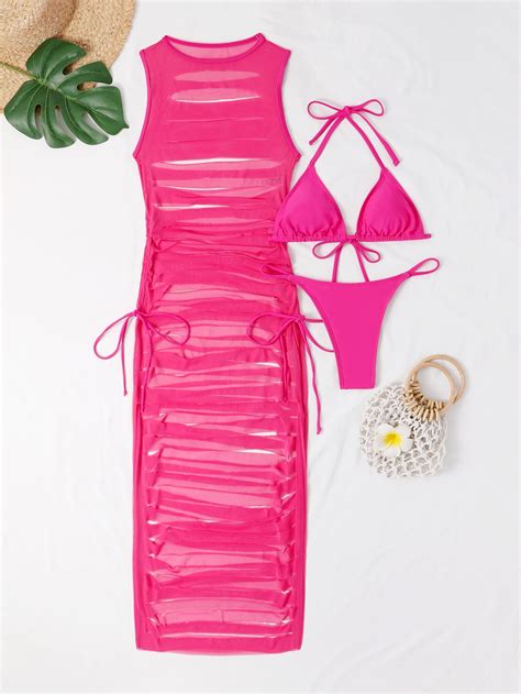 Solid Bikini Set Halter Triangle Bra Thong Bottom Distressed Cover Up Dress 3 Piece Bathing