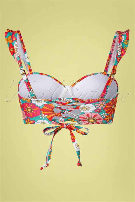 Southampton Floral Bikini Top Années en Turquoise et Orange Unique Vintage Topvintage