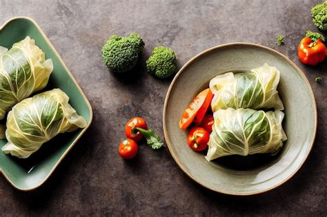 Deliciosos Rollos De Col Rellenos Con Carne Y Tomates En Un Plato