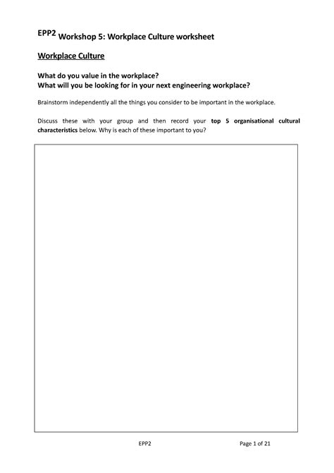 EPP2 Workshop 5 Worksheet - EPP Workshop 5: Workplace Culture worksheet ...