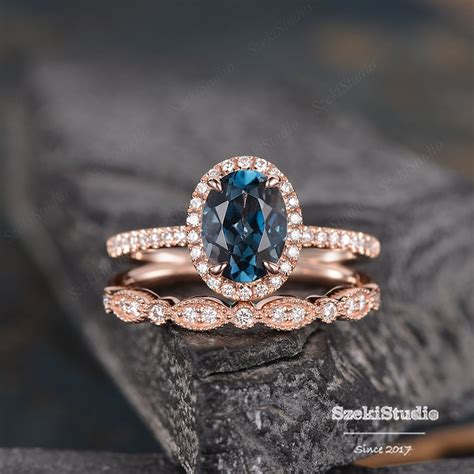 Rose Gold London Blue Topaz Engagement Ring Bridal Set Diamond Etsy