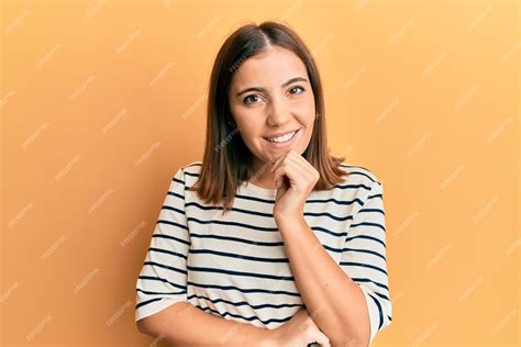 Free Photo Young Beautiful Woman Wearing Casual Striped T Shirt