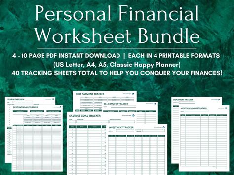 Personal Financial Worksheet Bundle Printable Finance Planner Savings And Expense Trackers