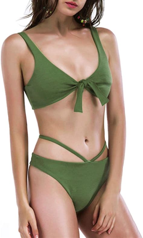 Amazon Holipick Women Two Piece Sexy V Neck Tie Knot Bikini Top With Cheeky Thong Bottoms