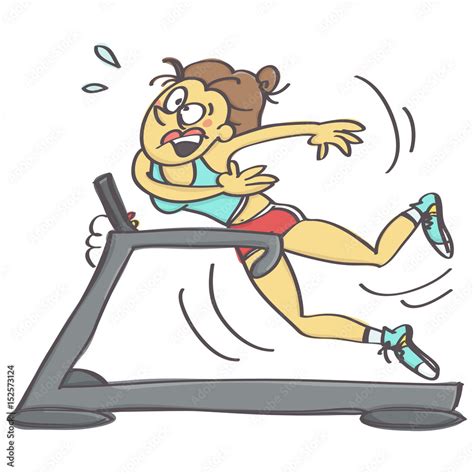 Funny vector cartoon of woman falling while jogging on running machine ...