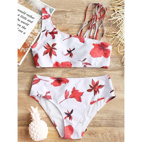 ZAFUL Leaf Print Padded Strappy Bikini Swimwear One Shoulder Bikini Set 2018 Sexy Bathing Suit