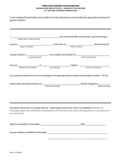 Fillable Online The Changing Sex Designation Form Virginia Department Of Fax Email Print