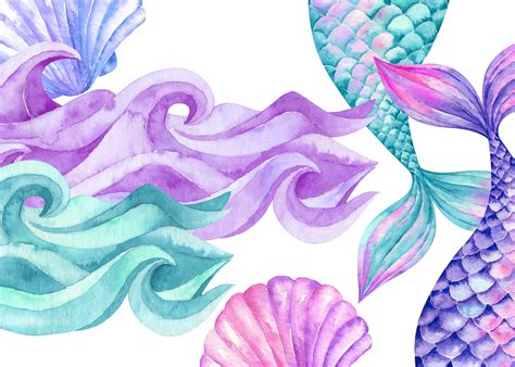 Watercolor Mermaid Tails Clipart Shells Waves Clip Art Tail Girl
