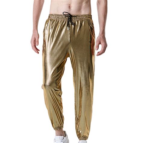 Fartey Men Metallic Shiny Pant With Pockets Drawstring Slim Fit