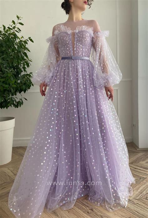 Lavender Tulle Colorful Hearts Puff Sleeve Evening Dress Lunss