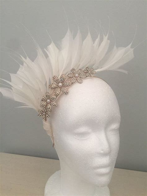 White Feather And Jewelled Fascinator Headband Wedding Hat Races Hat